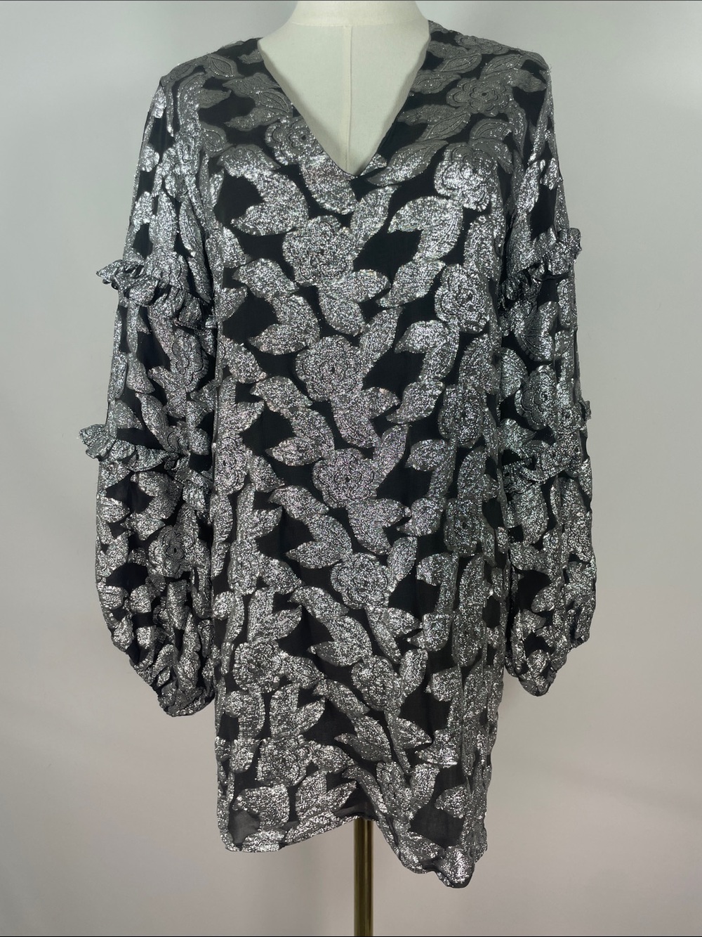 Jen's Pirate Booty Rising Star Metallic Mini Dress S-P Black Silver Ruffle